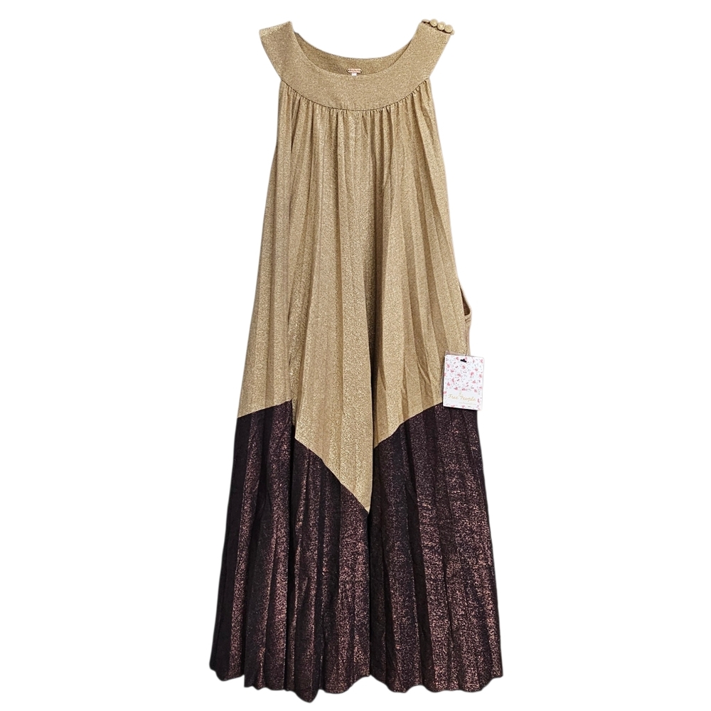 Free People Pleated Love Metallic Mini Dress in Gold and Brown Size Medium NWT